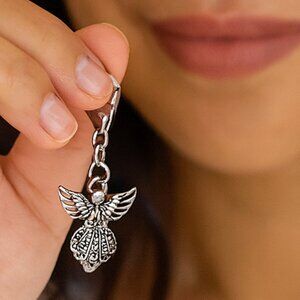 Travel Angel Charm Keychain Silver Tone Key Chain Bag Charm Split Ring One Size